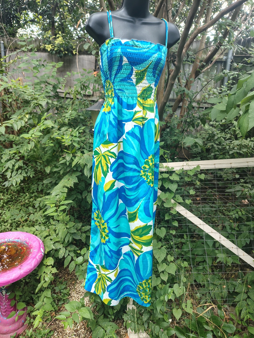70's Vintage Blue Floral Maxi Dress with Green Accents